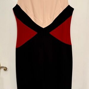 Calvin Klein Cream, Black, and Red Midi Dress